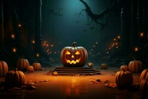 A chilling Halloween poster with pumpkins, bats, and shadowy background AI Generated photo