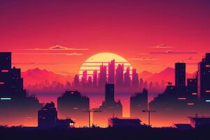 Retro cityscape with a synth wave aesthetic at sunset, photo