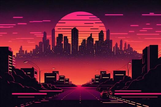 Retro cityscape with a synth wave aesthetic at sunset, photo