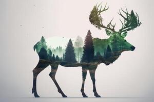 Deer Silhouette in Pine Forest with Birds, White Background - Illustration, photo