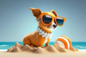 Cute 3D Cartoon Dog with Sunglasses Enjoying Summer on the Beach, photo