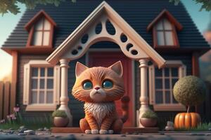 Cute Cartoon Cat Sitting on the Front Porch of a House, photo