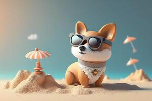Cute 3D Cartoon Dog with Sunglasses Enjoying Summer on the Beach, photo