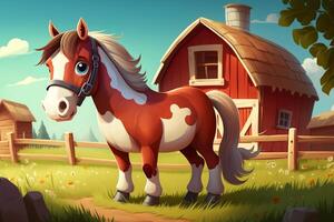 Cute 3d Cartoon Horse on a Farm. . photo