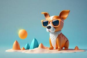 Cute 3D Cartoon Dog with Sunglasses Enjoying Summer on the Beach, photo
