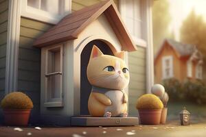 Cute Cartoon Cat Sitting on the Front Porch of a House, photo