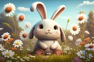 Cute Cartoon Bunny Sitting in a Garden Surrounded by Flowers, photo