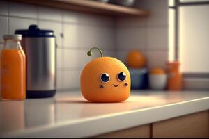 Cute cartoon orange sitting on a kitchen counter, photo