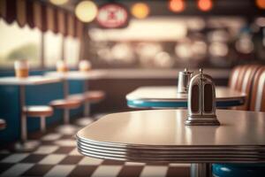 Clásico Años 50 cena mesa ajuste con borroso restaurante fondo, generativo ai foto