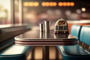 Vintage 50s Diner Table Setting with Blurred Restaurant Background, photo