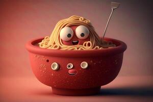 linda dibujos animados cuenco de espaguetis personaje, generativo ai foto