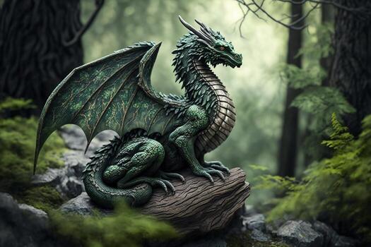 Illustration of a dragon in forest, mountain landscape created with technology photo