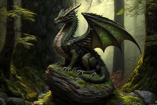 Illustration of a dragon in forest, mountain landscape created with technology photo