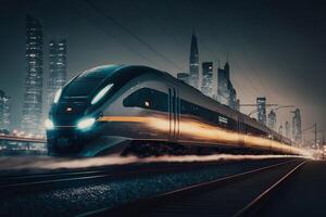alta velocidad tren en movimiento en contra un paisaje urbano fondo, generativo ai foto