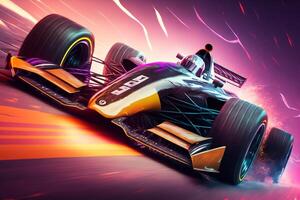 Frontal view of a futuristic racing car with neon light illumination, photo