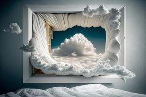 ilustración de un dormitorio con soñador blanco nube decoración, generativo ai foto