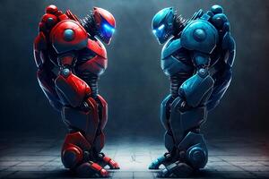 dos futurista robots contratar en conversación, uno azul y uno rojo, generativo ai foto