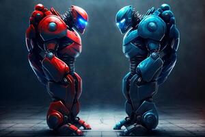 Two futuristic robots engage in conversation, one blue and one red, photo