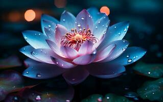 Macro Capture of Lotus Blossom Adorned with Glistening Droplets, Generative Ai photo