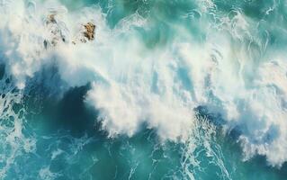 sinfonía de de la naturaleza poder aéreo ver de un majestuoso ola estrellarse en tierra, generativo ai foto