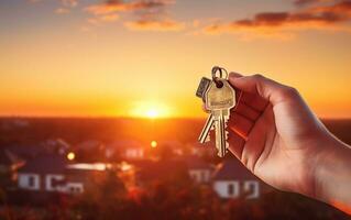 A hand holding keys to a new house, representing a mortgage, Generative Ai photo