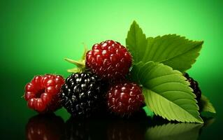 Raspberries and blackberries on a clean background, Generative Ai photo