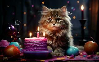 A charming cat wearing a festive hat and holding a birthday balloon, Generative Ai photo