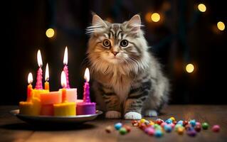 A charming cat wearing a festive hat and holding a birthday balloon, Generative Ai photo