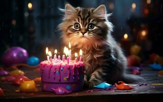 A charming cat wearing a festive hat and holding a birthday balloon, Generative Ai photo