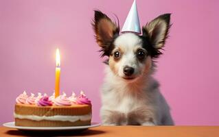 Festive Birthday Celebration Adorable Dog with Party Hat, AI-generated Image photo