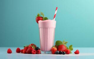 Irresistible Strawberry Smoothie on a Blue Background, Generative Ai photo