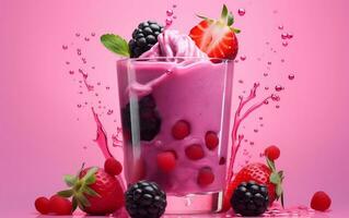Fresh Berry Smoothie with Whimsical Floating Berries. Generative AI photo