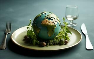 Worldly Delight Globe on a Plate with Fork and Knife, Generative AI photo