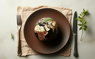 Worldly Delight Globe on a Plate with Fork and Knife, Generative AI photo