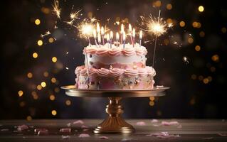 A magical fairy-themed birthday cake placed on a stand, decorated with enchanting details, Generative Ai photo