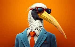 A stylish pelican wearing a colorful suit and sunglasses, Generative Ai photo