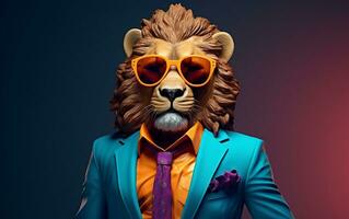 A stylish lion wearing a colorful suit and sunglasses, Generative Ai photo