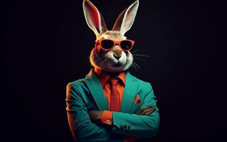 A stylish rabbit wearing a colorful suit and sunglasses, Generative Ai photo