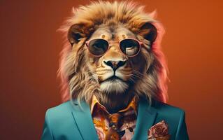 A stylish lion wearing a colorful suit and sunglasses, Generative Ai photo