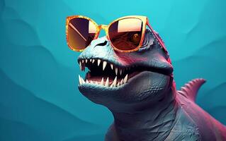 A dinosaur sporting sunglasses against a solid color backdrop, Generative Ai photo
