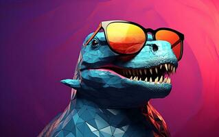 A dinosaur sporting sunglasses against a solid color backdrop, Generative Ai photo