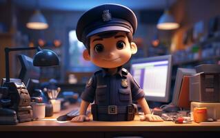 A super cute little police officer boy in an illustration, Generative Ai photo