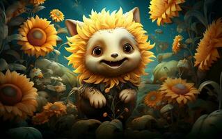 A cheerful, shabby bunny happily hopping between sunflowers, Generative Ai photo