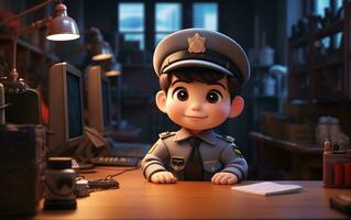 A super cute little police officer boy in an illustration, Generative Ai photo