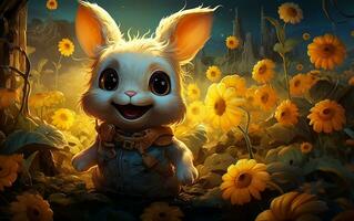 A cheerful, shabby bunny happily hopping between sunflowers, Generative Ai photo