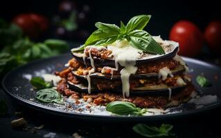 Product photo of incredibly delicious Eggplant Parmesan, Generative Ai