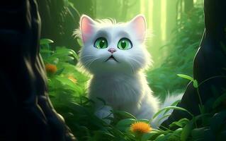 A beautiful white cat looking down with a worried expression, Generative Ai photo