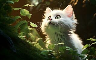 A beautiful white cat looking down with a worried expression, Generative Ai photo