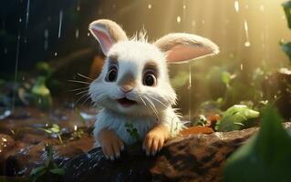 A beautiful white bunny with brown eyes, looking wet, Generative Ai photo