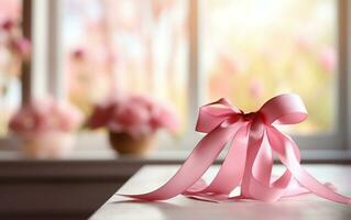 Pink ribbon breast cancer on pink background, World Breast Cancer Day photo